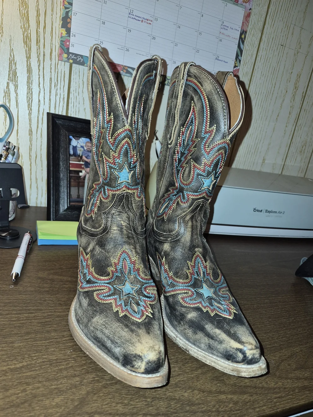 Dan Post Brown Leather Western Heeled Boots with Multicolor Embroidery - Picture 4 of 6